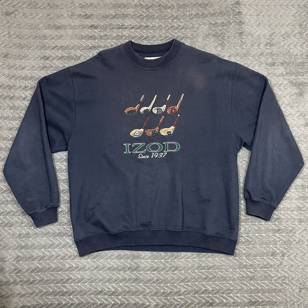 Vtg Izod Crewneck Sweater Men Large Navy Golf Clubs Embroidered Pullover 90s